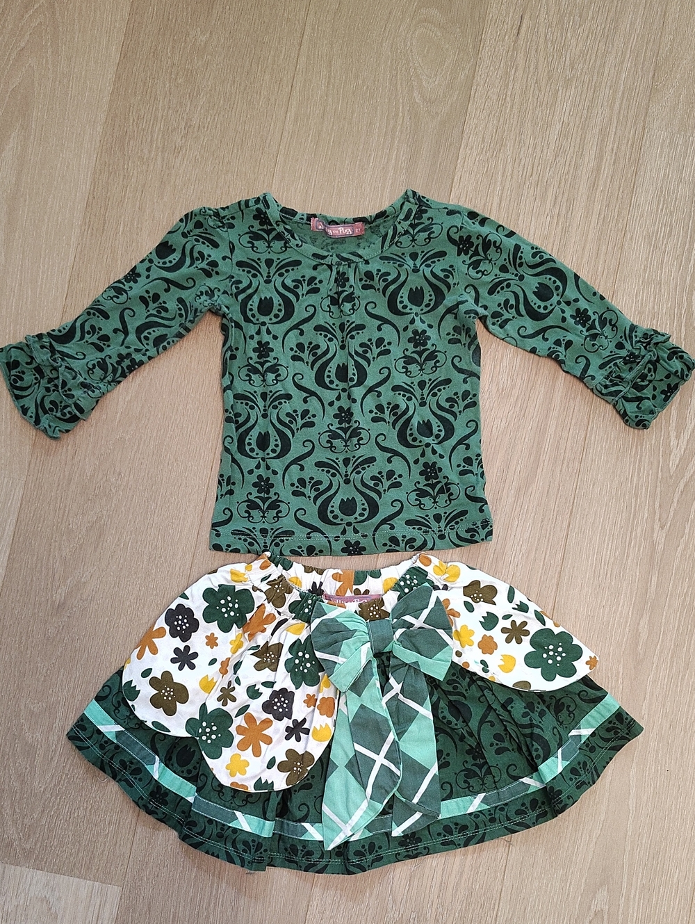 Jelly The Pug Green Patterned Top and Floral Skirt Set